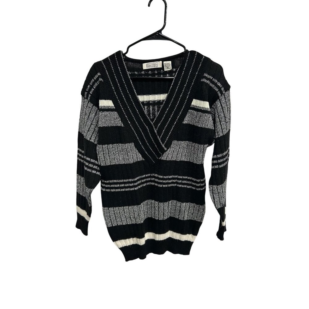 Vintage Cristina's Striped Metallic Sweater Black Gray Sz Medium Pullover Knit